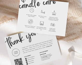 Modello di scheda stampabile per la cura delle candele Codice QR Canva, istruzioni modificabili per la guida per la cura delle aziende moderne, inserto per la confezione aziendale con logo