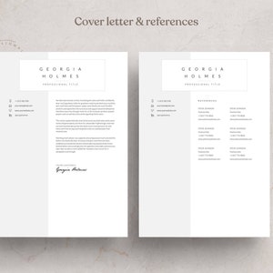 May include: A black and white cover letter and references template with the name Georgia Holmes and the title "Professional Title" at the top of each page. The cover letter page includes contact information and a signature. The references page includes a list of references with names, titles, and contact information.