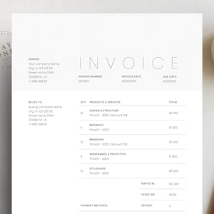 May include: A minimalist invoice template with a white background and black text. The invoice number is 007584, the invoice date is 20/12/2030, and the due date is 10/01/2031. The invoice lists various services and their corresponding prices, including design and structure, research, branding, wireframes and prototype, and style guide.