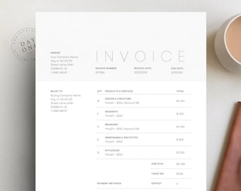May include: A minimalist invoice template with a white background and black text. The invoice number is 007584, the invoice date is 20/12/2030, and the due date is 10/01/2031. The invoice lists various services and their corresponding prices, including design and structure, research, branding, wireframes and prototype, and style guide.