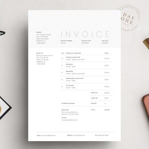 May include: A black and white invoice template with the words "Day One Templates" in a circle at the top. The invoice includes a list of products and services with their corresponding prices and quantities. The total amount due is $329.