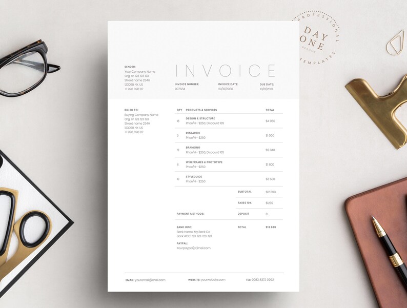 May include: A black and white invoice template with the words "Day One Templates" in a circle at the top. The invoice includes a list of products and services with their corresponding prices and quantities. The total amount due is $329.