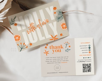 Retro Christmas Business Thank You Canva Template with QR Code, Holiday Printable Thanks For Your Purchase w/ Logo, Editable Boho Xmas Card
