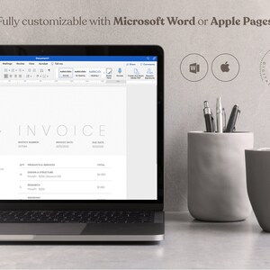 May include: A laptop computer displaying a customizable invoice template on the screen. The invoice template is designed for use with Microsoft Word or Apple Pages. The laptop is sitting on a table with two gray pencil holders.