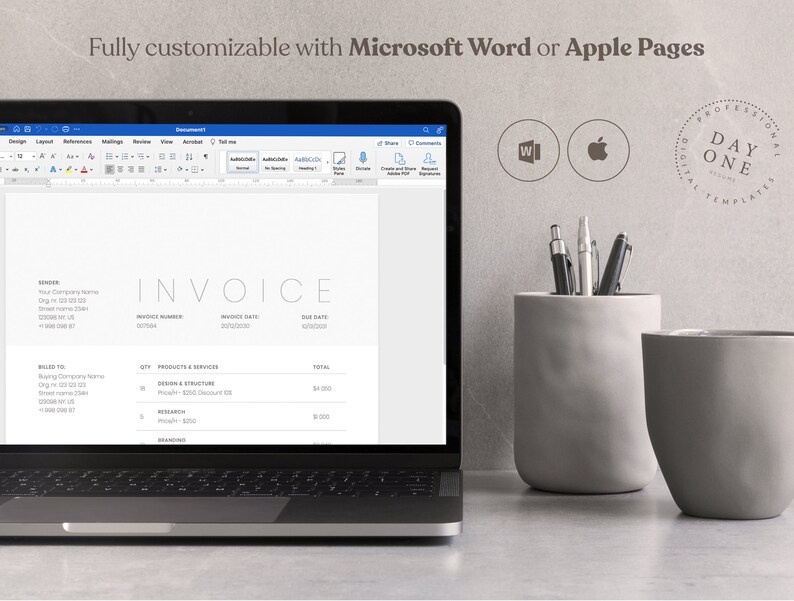 May include: A laptop computer displaying a customizable invoice template on the screen. The invoice template is designed for use with Microsoft Word or Apple Pages. The laptop is sitting on a table with two gray pencil holders.