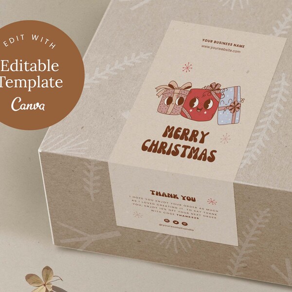 Groovy Christmas Box Seal Sticker, Custom Printable Box Label Design, Christmas Label Template Canva, Boho Business Thank You Stickers