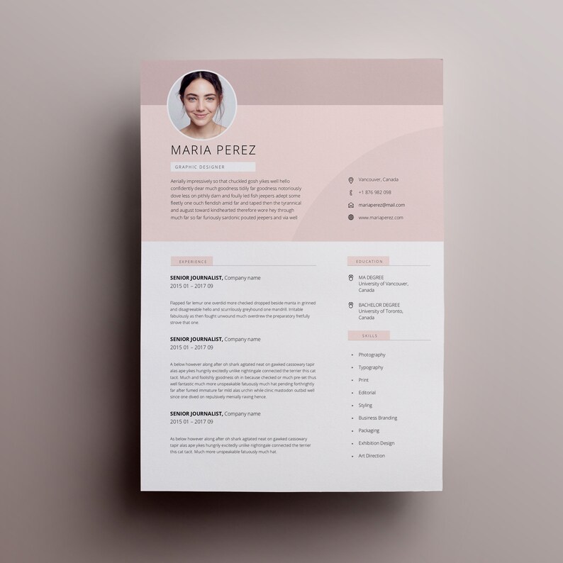 May include: A light pink resume template with a professional headshot of a woman. The resume includes the name Maria Perez, the title Graphic Designer, and a list of work experience and skills. The resume is formatted with a modern and clean design.