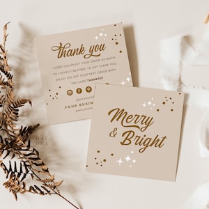 Modelo de cartão de agradecimento de Natal quadrado imprimível Canva, inserção de embalagem de negócios de férias personalizadas, Boho Xmas Obrigado por seu cartão de compra