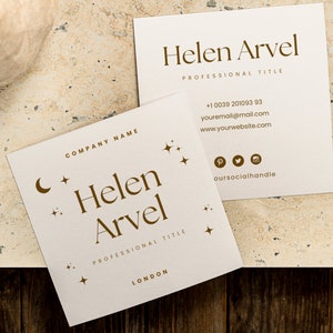 Plantilla de tarjeta de visita cuadrada Canva, diseño de tarjeta de visita Boho imprimible, tarjeta de visita retro editable, tarjeta de visita de doble cara descargable