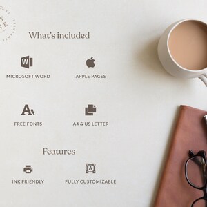 May include: A white background with a brown stamp that says "Day One Professional Digital Templates". The text "What's included" is written in black. Below the text are icons for Microsoft Word, Apple Pages, free fonts, A4 & US Letter, ink friendly, and fully customizable.