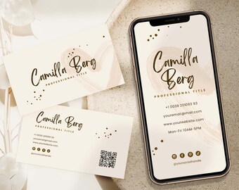 Plantilla de tarjeta de visita retro, diseño de tarjeta de visita Boho imprimible, tarjeta de visita con código QR, plantilla única de tarjeta de visita Canva digital, bricolaje