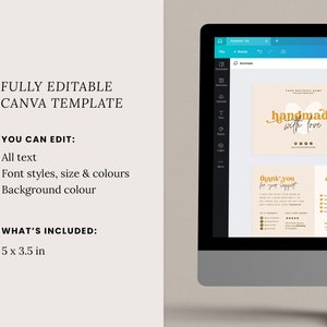 Op de afbeelding: Een Canva-sjabloon voor sociale media met een beige achtergrond en gouden tekst. Het sjabloon bevat drie kaarten met de tekst "handgemaakt met liefde", "bedankt voor uw steun" en "candle.com".