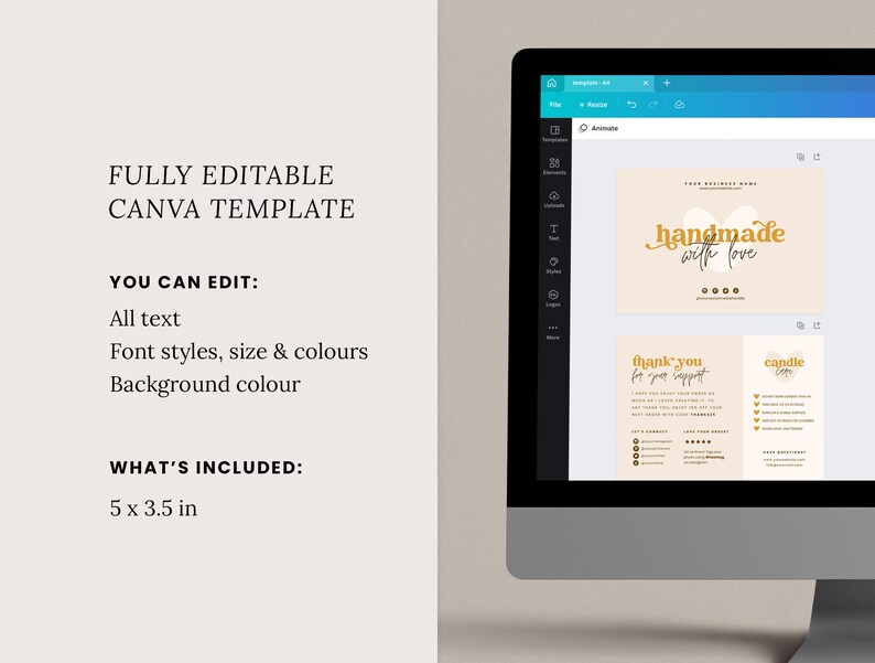 Op de afbeelding: Een Canva-sjabloon voor sociale media met een beige achtergrond en gouden tekst. Het sjabloon bevat drie kaarten met de tekst "handgemaakt met liefde", "bedankt voor uw steun" en "candle.com".