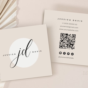 Modello quadrato per biglietti da visita piccoli Canva, design di biglietti da visita Boho stampabile, codice QR per biglietti da visita modificabili, biglietto bifacciale personalizzato