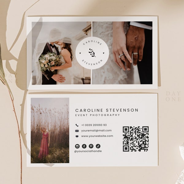 Fotograf Visitenkarte Canva Vorlage mit QR Code, Boho Visitenkarten Design, druckbare Foto Visitenkarte, Hochzeitsfotografie