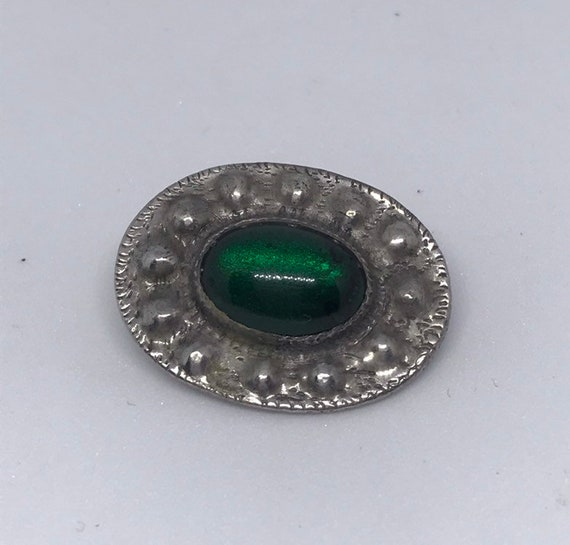 Pewter Ruskin style Arts & Crafts brooch with gree