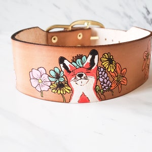 Fox Themed Leather Dog Collar - Custom - Personalized - Handmade- floral collar