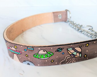 UFO 犬用首輪 - カスタムレザー - エイリアン - 宇宙 - パーソナライズ - マーチンゲール