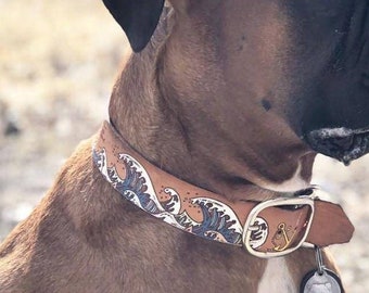 Nautical Dog Collar - Ocean Waves - Custom Leather - Personalized - Handmade