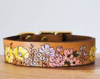 Floral Dog Collar - Wildflower - Custom leather - Personalized - Daisies - rhinestone collar