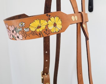 Leather Horse Headstall - wildflower- Floral - painted - Custom Headstall - Handmade Headstall Bridle