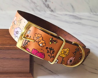 Floral Dog Collar - Custom Leather - Personalized - Handmade - wild flower - botanical - nature