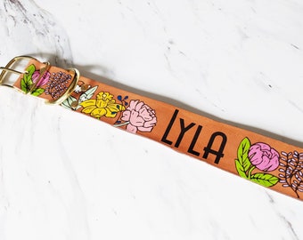 Floral Dog Collar - Custom Leather- Colorful - Personalized