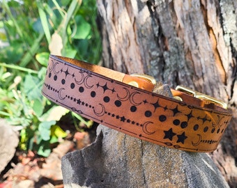 Leather Celestial Dog Collar - Custom - bohemian dog collar - Handmade - Western dog collar- Stars and Moon