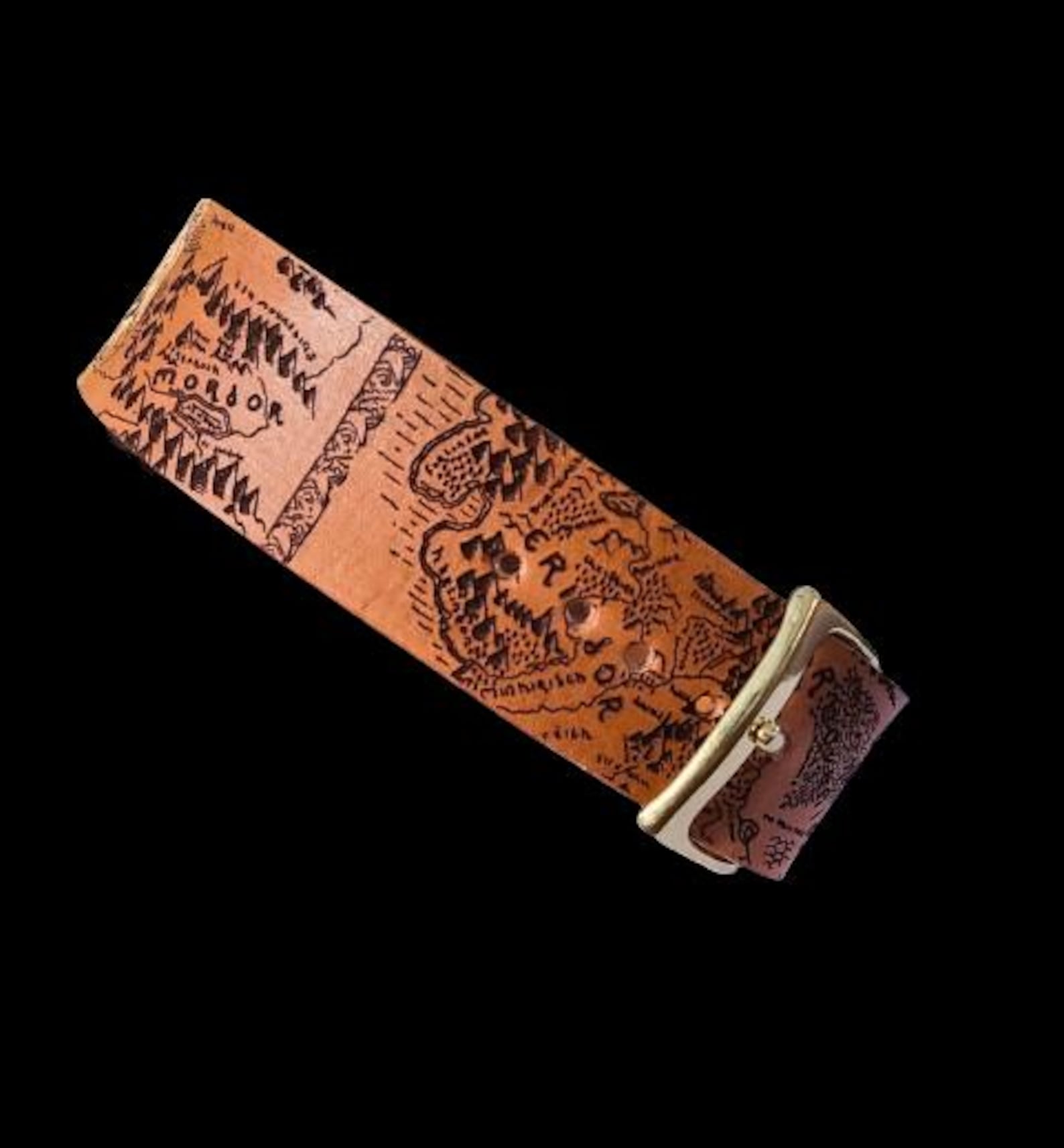A leather belt with intricate, embossed design of a fantasy map featuring mountain ranges and labeled regions, like "Mordor." The belt buckle is metallic.