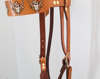 Leather Horse Headstall - Mountain - Western- Custom Headstall - Cow Skull- desert - painted headstall