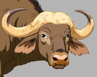 Lámina de búfalo del Cabo, fauna salvaje, animales de safari africano, arte gráfico de paisaje (descarga digital)
