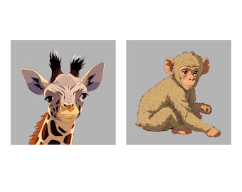 Juego de láminas infantiles con temática de safari: ilustración de jirafa bebé babuino (descarga digital).