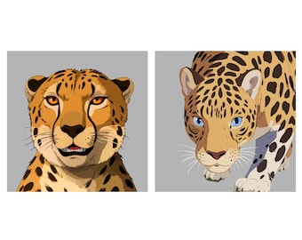 Juego de láminas de grandes felinos, retratos de guepardos y leopardos, arte mural gráfico (descarga digital)
