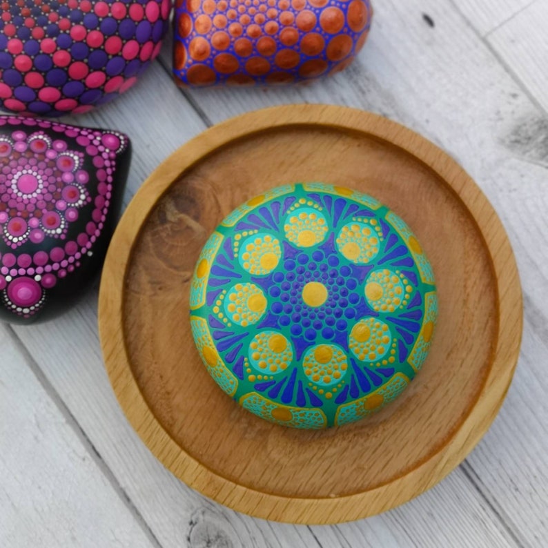 Mandala Stone art deco dotted rock handpainted stone meditation paperweight spiritual boho hippie yoga gift bohemian painted stone