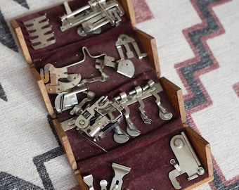 RARE Antique Singer Treadle Sewing Puzzle Oak Box Assorted Attachments and Bobbin Accessory Kit