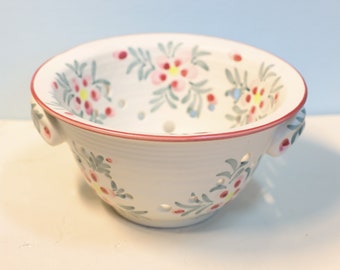 Debco Ceramic Floral Painted Berry Bowl | Ceramic Colander Strainer Bowl w/ Pink Yellow Green Floral Design | Cottagecore Kitchenware