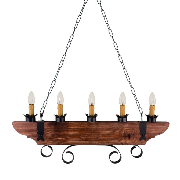 Farmhouse Wood Tavern Beam Chandelier Vella.Metal Wood Ceiling Hanging Candle Light,Vintage Kitchen Lobby Restaurant Linear Pendant Light.