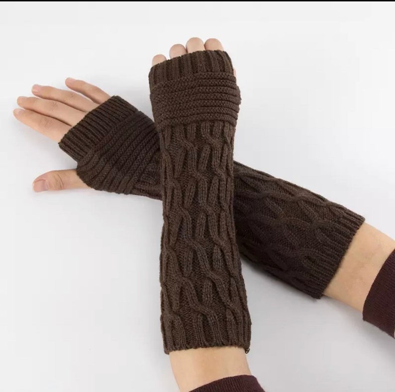 Beautiful knit Arm Warmers, Long Fingerless Gloves Knit Wrist Warmers with Thumb Hole Brown