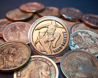 Best Friends "Jump" inspired by Deadpool and Wolverine. Large, 1.57 inch Laser Engraved Brass Coin.