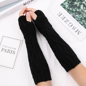 Beautiful knit Arm Warmers, Long Fingerless Gloves Knit Wrist Warmers with Thumb Hole Black