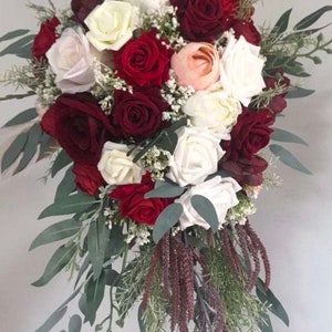 Bridal Bouquet. Cascade style burgundy and white wedding bouquet. Silk roses