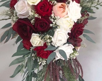 Bridal Bouquet. Cascade style burgundy and white wedding bouquet. Silk roses