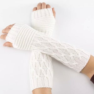 Beautiful knit Arm Warmers, Long Fingerless Gloves Knit Wrist Warmers with Thumb Hole White