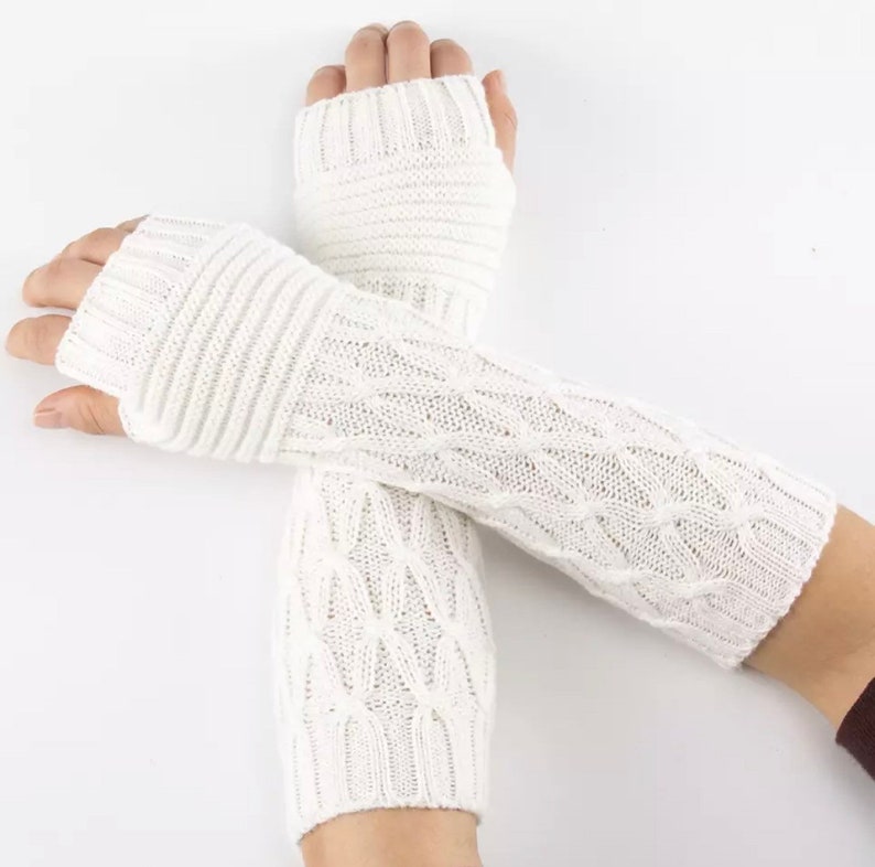 Beautiful knit Arm Warmers, Long Fingerless Gloves Knit Wrist Warmers with Thumb Hole White