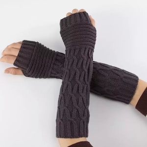 Beautiful knit Arm Warmers, Long Fingerless Gloves Knit Wrist Warmers with Thumb Hole Dark Gray