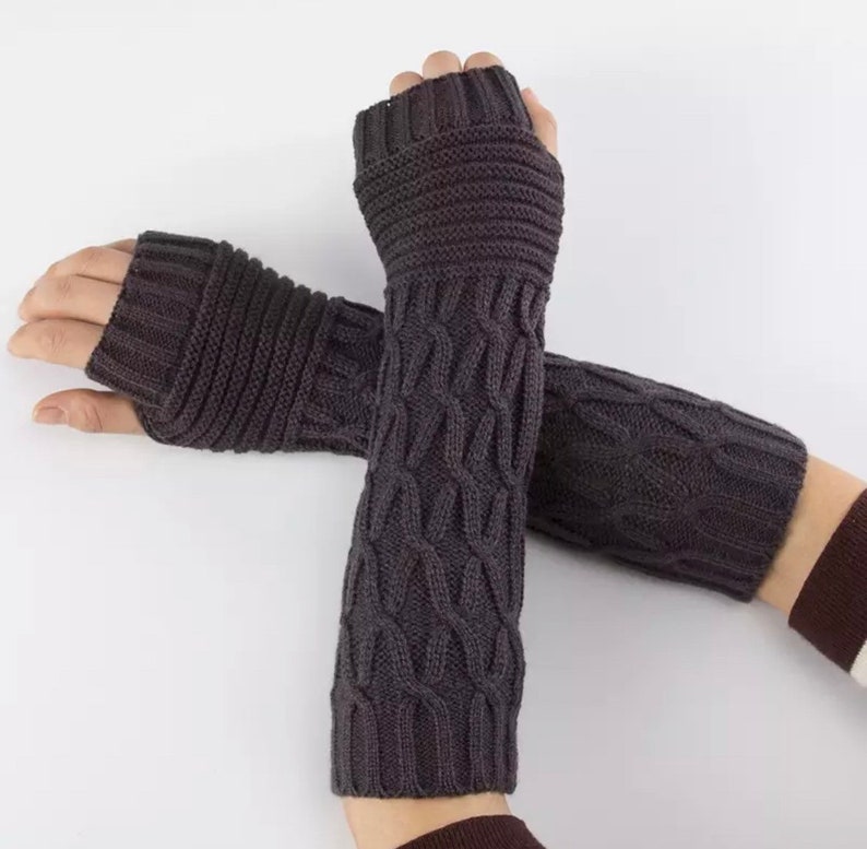 Beautiful knit Arm Warmers, Long Fingerless Gloves Knit Wrist Warmers with Thumb Hole Dark Gray