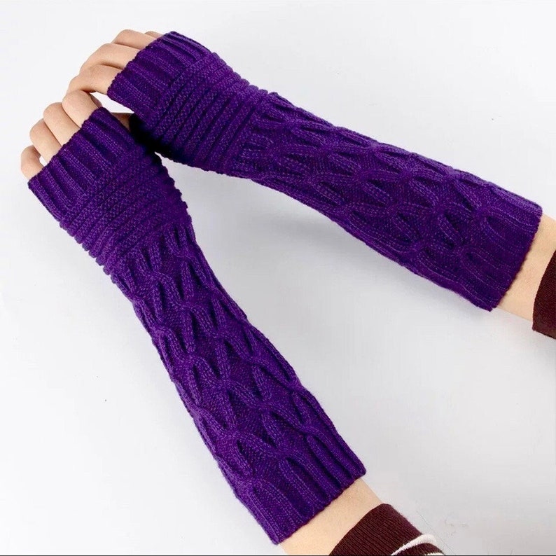 Beautiful knit Arm Warmers, Long Fingerless Gloves Knit Wrist Warmers with Thumb Hole Purple