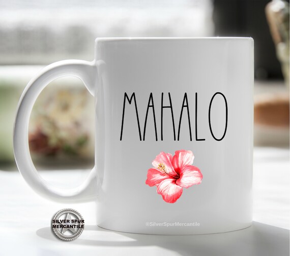 Mahalo Hawaii Mug, Hibiscus Floral Thank You Gift, Large Font