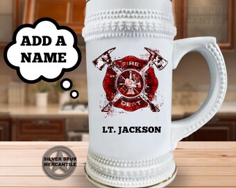 Personalized Firefighter Beer Stein, Fire Dept Gift, Ceramic 22-Ounce