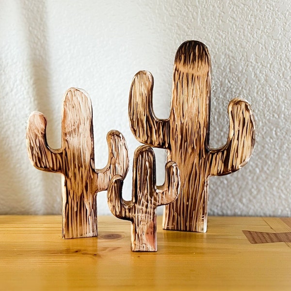 Hand Carved Western Free-Standing Cactus Trio, Boho Living Room Decor, Minimalist Home Decor, Rustic Tiered Tray Decor, Western Gift for Her